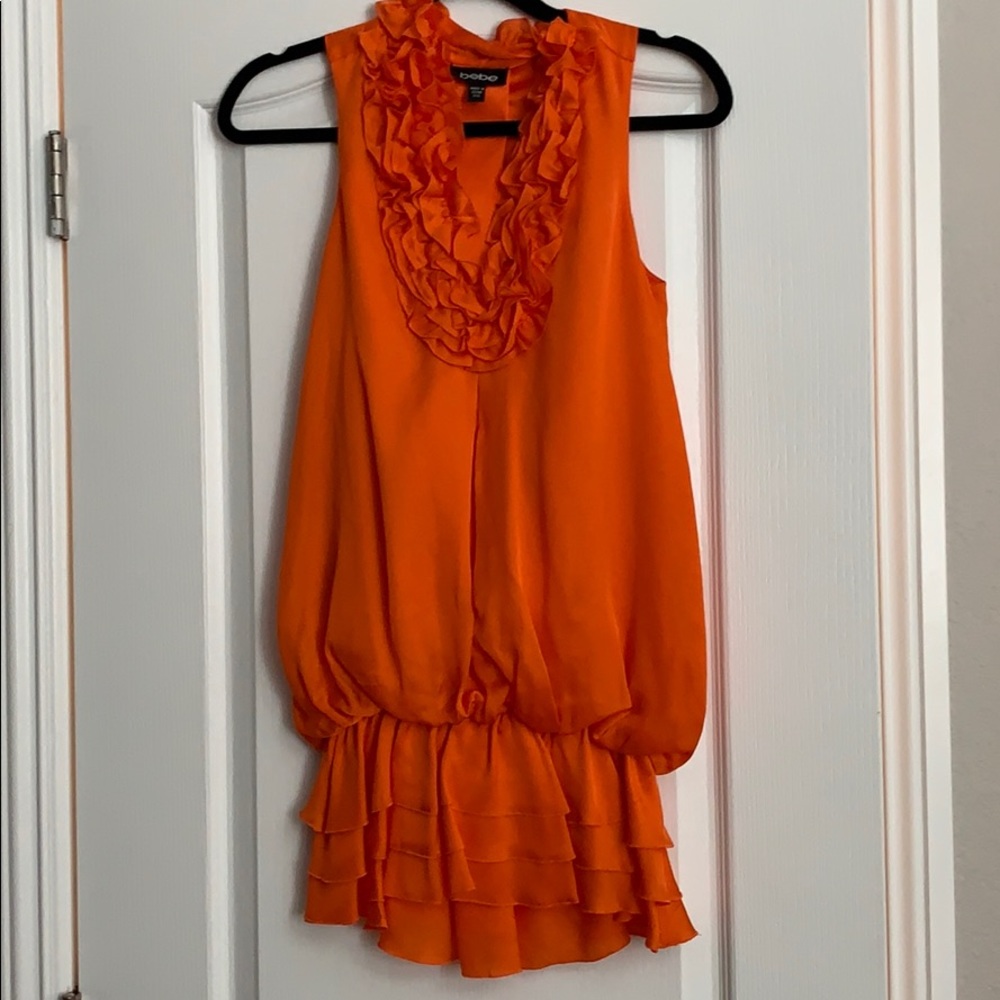 Orange Bebe ruffle neck dress